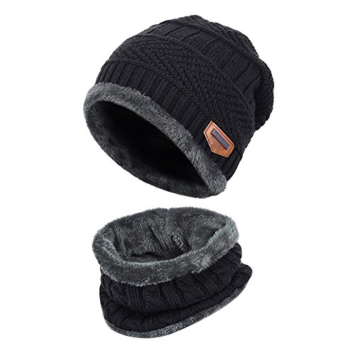 Alando warm Kinder Outdoor Sport Wintermütze Strickmütze kuschlig Schal mit Loop (Schwarz)