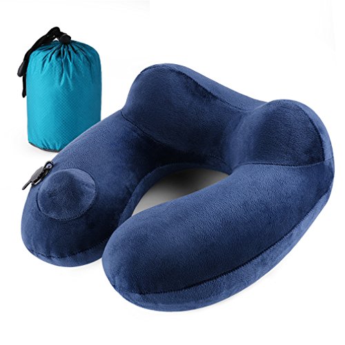 Preisvergleich Produktbild Aufblasbares Nackenkissen Aufblasbar per Knopfdruck Komprimierbar mit Tragetasche Waschbarer Fleece-Bezug Nackenhörnchen Integrierte Pumpe Reisekissen für Flugzeug Auto Zug Andake