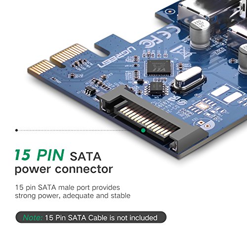 UGREEN Tarjeta PCI Express 2 Puertos USB 3 0 con UASP  Alimentaci  n por SATA 15 Pines y Perfil Doble
