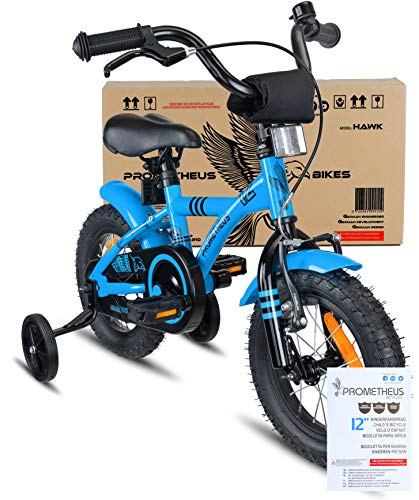 Prometheus Bicicleta Infantil | 12 Pulgadas | niño y niña | Azul Negro | A Partir de 3 años | con ruedines y Freno de contrapedal | 12