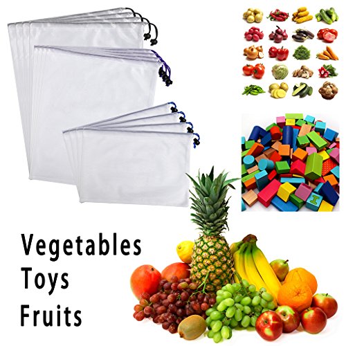 btsky wiederverwendbar Umweltfreundlich waschbar Mesh erzeugen Aufbewahrungsbeutel Kordelzug Taschen Einkaufstaschen, Multicolor/White, 12 Stück - 3