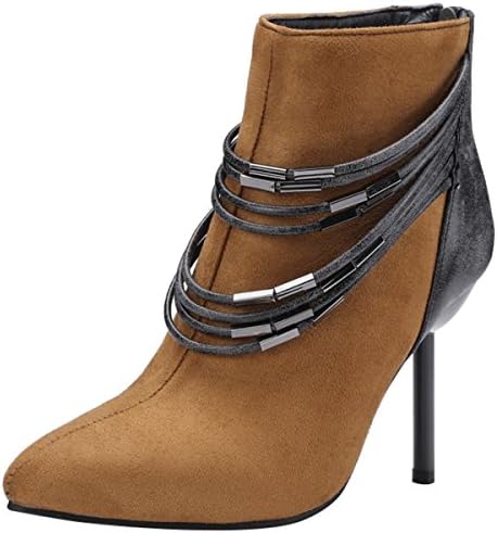 QVRGE Women's High Heel Boots Autumn And Winter Suede Metal Buckle Ankle Boots,Brown-44EU