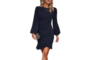 HUXRAKV Dresses for Women UK Elegant Cocktail Dresses Long Puff Sleeve Bodycon Ruffle Hem Ladies Evening Party Formal Business Dress