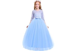 IWEMEK Enfants Fille Robe de Carnaval Princesse Longue en Dentelle avec Bowknot Demoiselle d'honneur Robe de Soirée Mariage Robe de Première Communion Anniversaire Fête Photographie 2-14 Ans