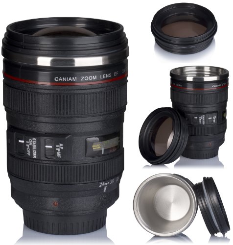 VENKON – Kamerabecher Isoliertasse in Objektiv Design – Deckel in Linsenoptik – ca. 300ml, schwarz - 2