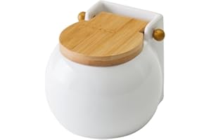 DCASA Salero cuadrado de cerámica con tapa de bambú 13 x 12 x 11 cm - Blanco