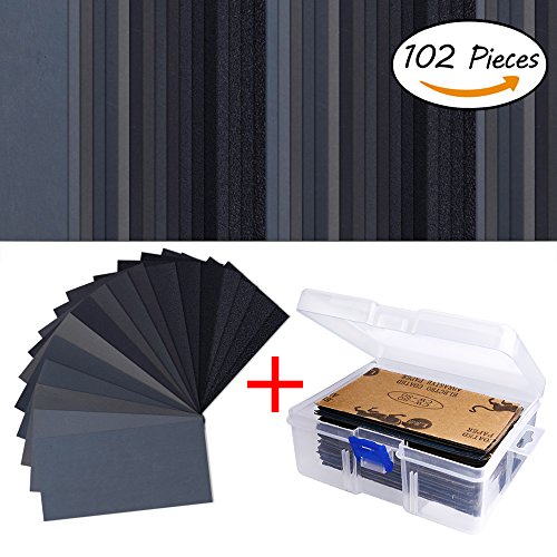 Schleifpapier sortiert Wet/Dry, 102 teilig 60 bis 3000 Körnung Schleifpapier Sortiment, 7,6 x 14 cm Schleifmittel Papier Tabelle mit gratis Geschenkbox, für Automotive Schleifen, Holz Möbel Finishing