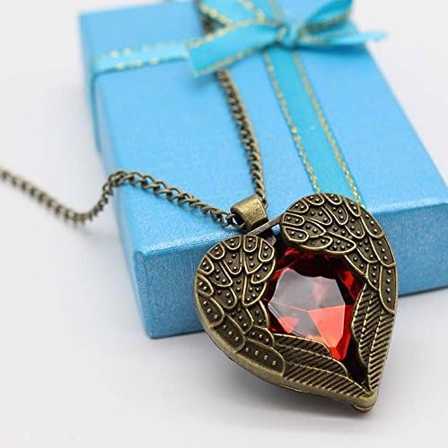 Jakerbing Vintage Retro Bronze Chain Red Heart Palace Angel Wings Hanging Necklace