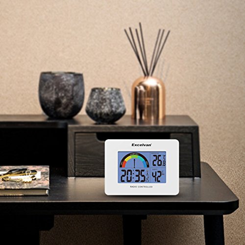 Excelvan digitaler LCD Funkwecker Funkuhr mit Thermometer Hygrometer Zeit- / Datumsanzeige Hintergrundbeleuchtung Schlummerfunktion Batteriebetrieb Weiß - 8