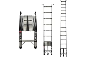 RIGOGO Échelle télescopique de 5 m, en acier inoxydable, avec 2 crochets, extensible, multi-usage, facile à utiliser, charge maximale de 150 kg
