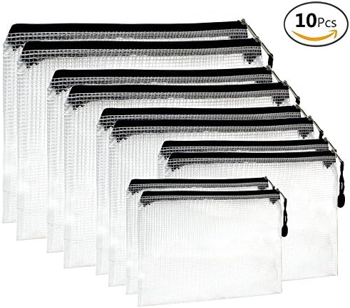 JUSLIN 10pcs Black Zipper File Bags Mesh Document File Bags in 5 Sizes for Cosmetics Offices Supplies Travel Accessories