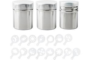 AIFUDA Confezione da 3 shaker in acciaio inox con 16 stampini stampanti, lattine in polvere con rete per caffè, cappuccino, latte, shaker per draghe con foro per cucina, ristoranti
