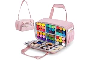 Prokva Acrylic Paint Organizer Case for 54 Bottles (2 oz), Craft Paint Storage Organizer with Shoulder Strap, Paint Bottle Organizer Bag with Brush Storage, Pink