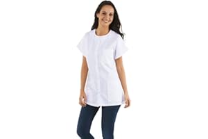 HYDROPLANETE Casaca Sanitaria para Mujer - Uniforme Sanitario Blanco de Cuello Redondo con Botones a Presión - Bata de Laboratorio para Médica Enfermera Veterinaria