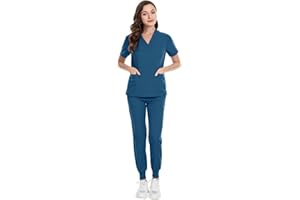 MEDSKIN Scrubs Set for Women - Stretch V-Neck Scrub Top & Jogger Trouser Pants with 8 Pockets