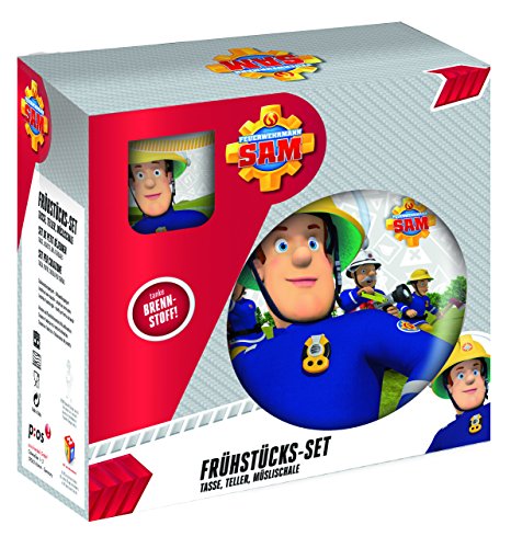 Feuerwehmann Sam Porzellan 3-teiliges Frühstück-Set im Geschenk-Karton Becher, Müsli-Schale & Teller