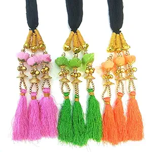 Unik Only For kids Girls Rose Design Paranda Parandi Braid Tassles Hair Accessory Hair Extension Choti Braid Tassles (Pink, Green and Orange 3 Pieces)