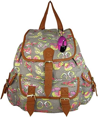 Hey Hey Handbags - Ladies Printed Backpack with Pockets (Butterfly Grey Glitter Canvas)