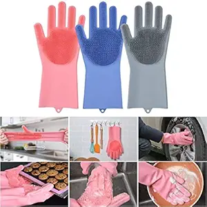 NirvikMagic Silicone Gloves with Wash Scrubber, Reusable Brush Heat Resistant Gloves Kitchen Tool for Cleaning, Dish Washing, Washing The Car, Pet Hair Care - 1 Pair (Random Colour)