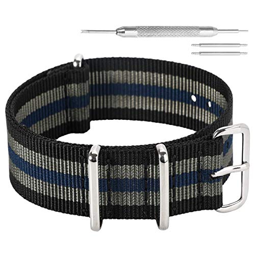 22 millimetri nero/grigio/blu Premium Deluxe stile NATO robusto nylon sportivo da polso cinturino bracciale da uomo esotico