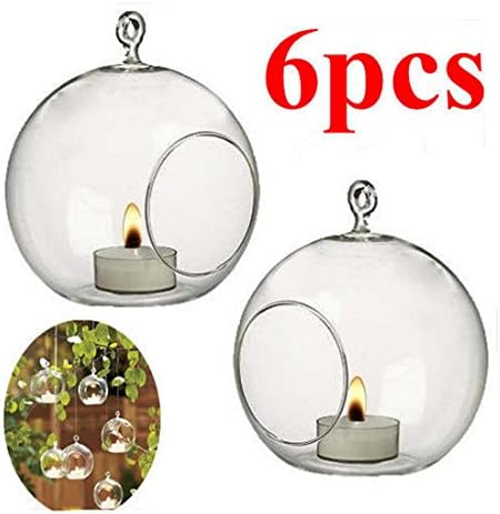 6X CLEAR HANGING GLASS BAUBLE CANDLE TEA LIGHT HOLDER SPHERE BALL GARDEN 10CM