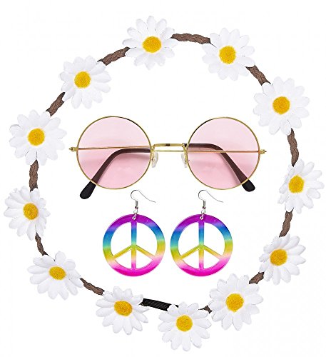 70er Jahre Flower Power Hippie Set - Brille Haarband mit Blumen Ohrringe mit Peace-Zeichen