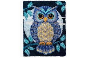 ROCKY&CHAO Kit Gancio di Chiusura Tappeto DIY appeto per Uncinetto Latch Hook Rug Kit Eegalo Creativo per la casa e il divano 50 cm × 38 cm(Gufo blu)