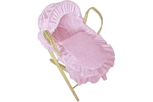 CUDDLES COLLECTION Dolls Moses Basket With Stand – Broderie Anglaise Bedding, for Kids & Toddlers (Pink)