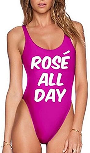 SALICO Women's Letter Print High Cut Backless One Piece Monokini Bikini Swimsuit (L, Rose All Day)