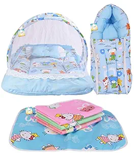 Bantoo New Born Baby Bedding Set Gift Items Combo Pack of Net Bed Sleeping Bag and Plastic Sheets Sets for 0-6 Months Baby Boys & Baby Girls (Blue IMP Kitty)