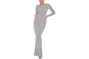 REORIA Women's Sexy Crew Neck Lounge Long Dress Elegant Long Sleeve Ribbed Bodycon Maxi Dresses
