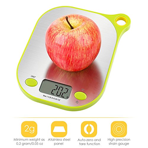 Aicok Küchenwaage, Präzision bis zu 1g (5kg Maximalgewicht), Tara-Funktion, Aufhänger Design mit Edelstahl Teller, Grün - 2