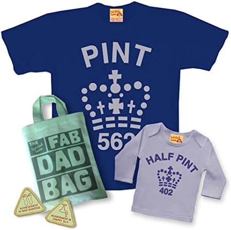 Matching Pint &amp; Half Pint T shirt Set for Father &amp; Son or Daughter - Navy/Grey - with Fab Dad Goody Bag and extra dad treats. (Half Pint 3-4 years, Navy/Grey Pint Large)