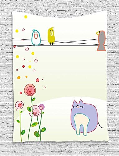 jjonepin Toddler Tapestry, Cute Childrens Drawing Style Bird and Cat Figures with Flourishing Spring Flowers, Wall Hanging for Bedroom Living Room Dorm, 60 W X 80 L Inches, Multicolor