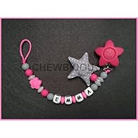 Attache tétine / attache sucette personnalisée fille 100% silicone (petite fleur et étoiles)