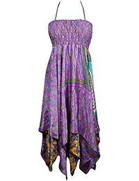 Women Sexy Sundresses Recycled Sari Handkerchief Hem Printed Halter Neck Uneven Holiday Summer Fashion Dress S/M