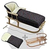 Holzschlitten aus Buchenholz, naturlackiert, Metallkufen, Bockstützen & Zugeisen pulverbeschichtet mit Rückenlehne (abnehmbar) und Zugseil