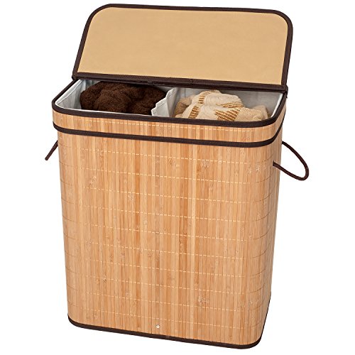 Tatkraft Find Großer Wäschekorb mit Deckel / Wäschetruhe mit 2 Fächern 105L Natur Bambus 52X32X63 cm - 2