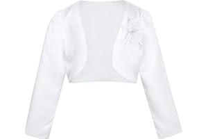 iiniim Boléro Cérémonie Bébé Enfant Fille Manche Longue Satin Cardigan Echarpes Veste Baptême Mariage Communion Blouse avec Broche à 3D Floral 9 Mois-16 Ans