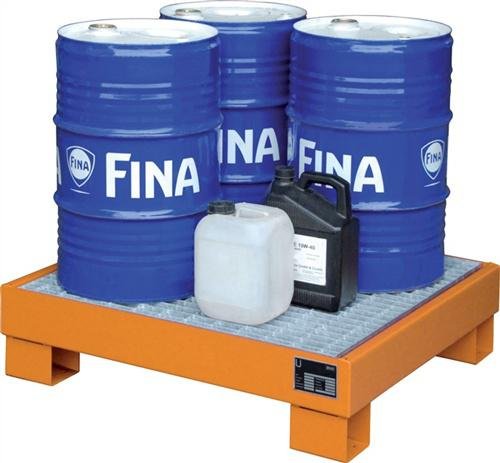 Bauer Kleingebinde-Auffangwanne, BxLxH 500x800x290 mm, Auff.vol. 61 l, mit Gitterrost, 2x60L-Fass, lackier t RAL 2000 gelborange
