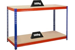 PROREGAL Etabli Strong Beast | HxLxP 90x150x60cm | Charge du Compartiment 500kg | Bleu-Orange | Étagère Robuste de Garage, Atelier, Cave, sous-Sol, Stockage, Rangement, Rayonnage