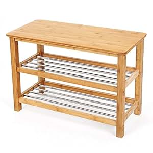 SONGMICS Schuhregal,Sitzbank aus Bambus und Edelstahl,Schuhbank mit 3