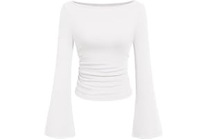 GENERISCH Damen Langarmshirt mit ausgestellten Trompetenärmeln - Figurbetontes Oberteil mit weitem U-Boot-Ausschnitt | Elegantes Basic-Shirt für den Alltag