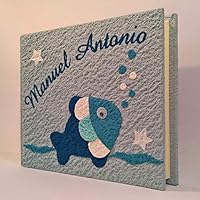Album fotografico artigianale PESCIOLINO in carta luna con nome INTAGLIATO in tela personalizzabile regalo NASCITA BATTESIMO COMPLEANNO VACANZE BAMBINO