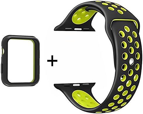 idudu Apple Watch Strap 42mm, Soft Silicone Sport Style iwatch Strap Replacement Band with Shockproof Case for Apple Watch Series 3/Series 2/Series 1 (Black/Yellow)