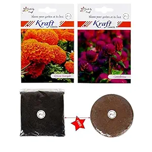 African Marigold Orange and 100 ml Sprayer with Khurpi 1 inch Flower Seeds with Free 200 gm Organic Manure & Agropeat 100 gm By Kraft Seeds