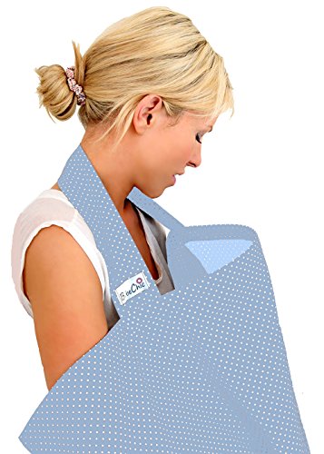 BebeChic * 100% Cotton * Breastfeeding Cover *105cm x 69cm* Boned Nursing Apron - with drawstring Storage Bag - powder blue / white dot