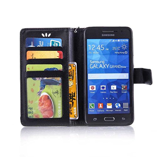 Galaxy Grand Prime Hülle Ledertasche [mit Frei Hartglas Displayschutzfolie], KKEIKO® Schutzhülle PU Leder Tasche Hülle Case für Samsung Galaxy Grand Prime, Wickelfalz Handyhülle mit Bändselloch Standfunktion Karteneinschub und Magnetverschluss, Kratzfeste Lederhülle Flip Wallet (Schwarz #9) - 4