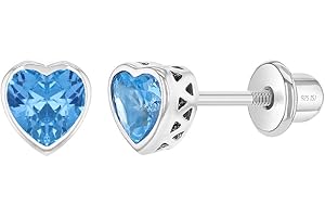 In Season Jewelry Plata Fina 925 Pendientes con Cierre de Rosca de Seguridad de Corazón para Niñas con Bisel de Diamante de imitacion de Circonia para Bebés, Niñas y Niñas Pequeñas