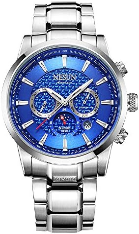 Moonphase Multifunction Automatic Mechanical Analogue Steel Sports Military Wrist Watch for Men (Blue Dial)
